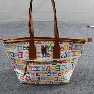 Dooney Bourke White Rainbow Logo Doodle Graffiti Novelty Large Zip Tote Bag